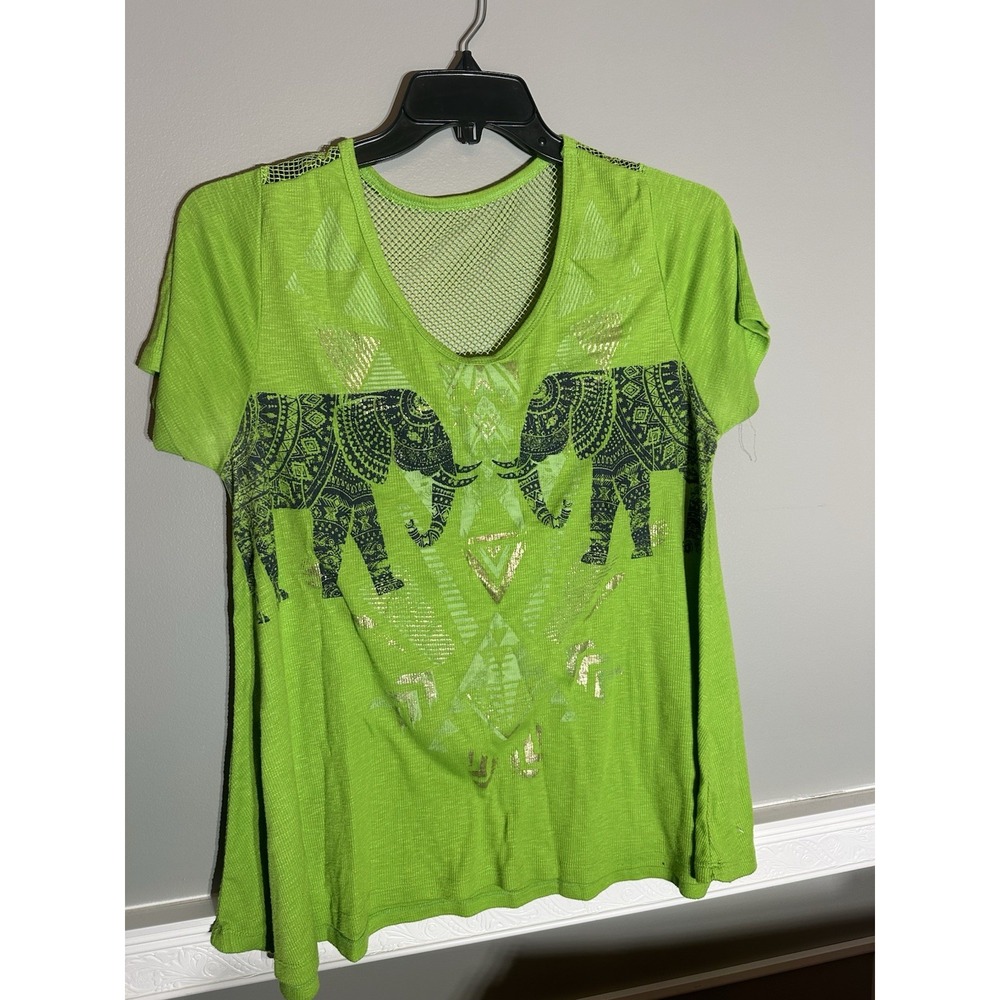 New Dimensions Women XL Lime Green Elephant Print V-Neck Mesh‎ Top Shirt